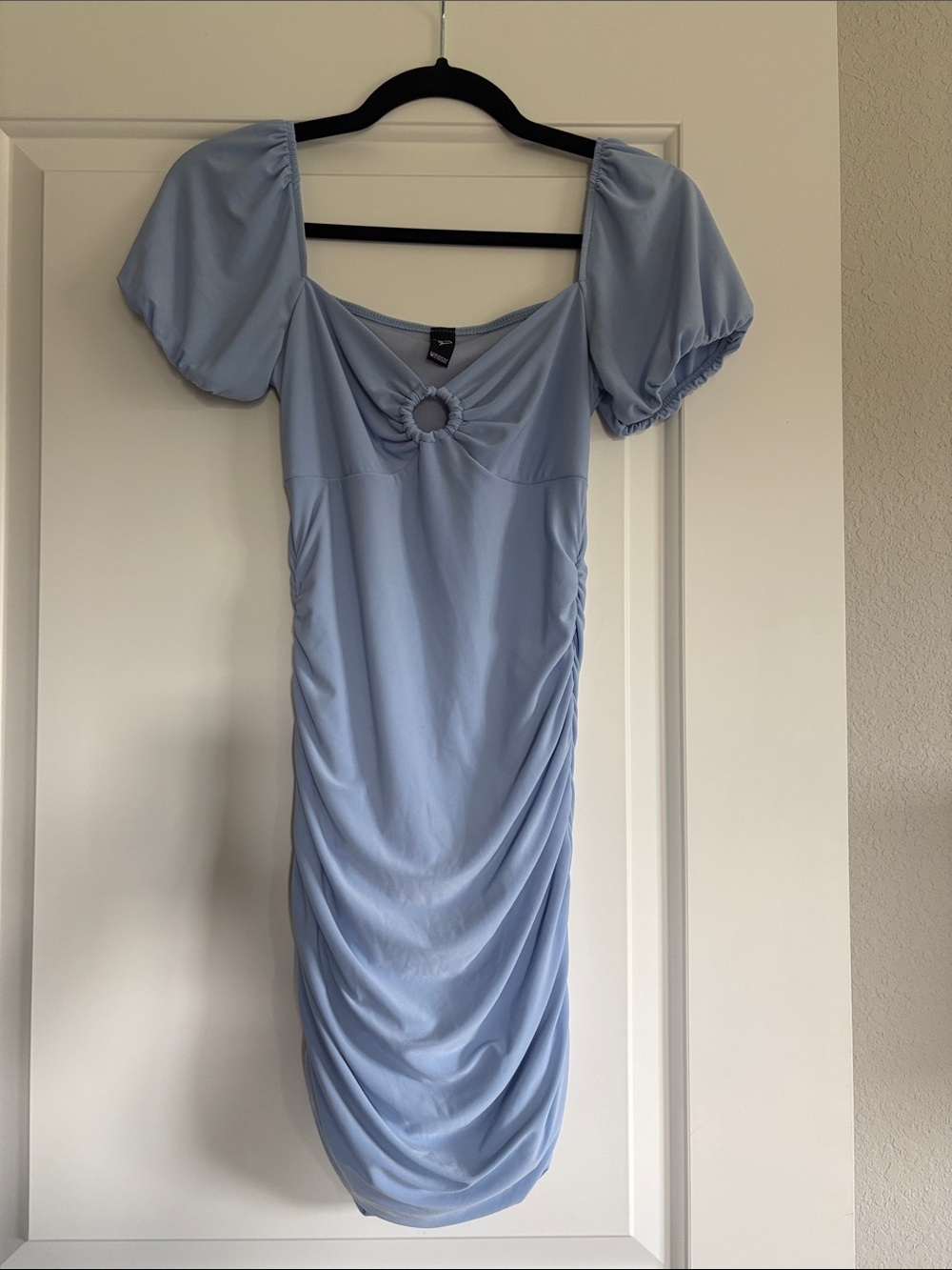 Windsor Light Blue Puff Sleeve Ruched Mini Dress